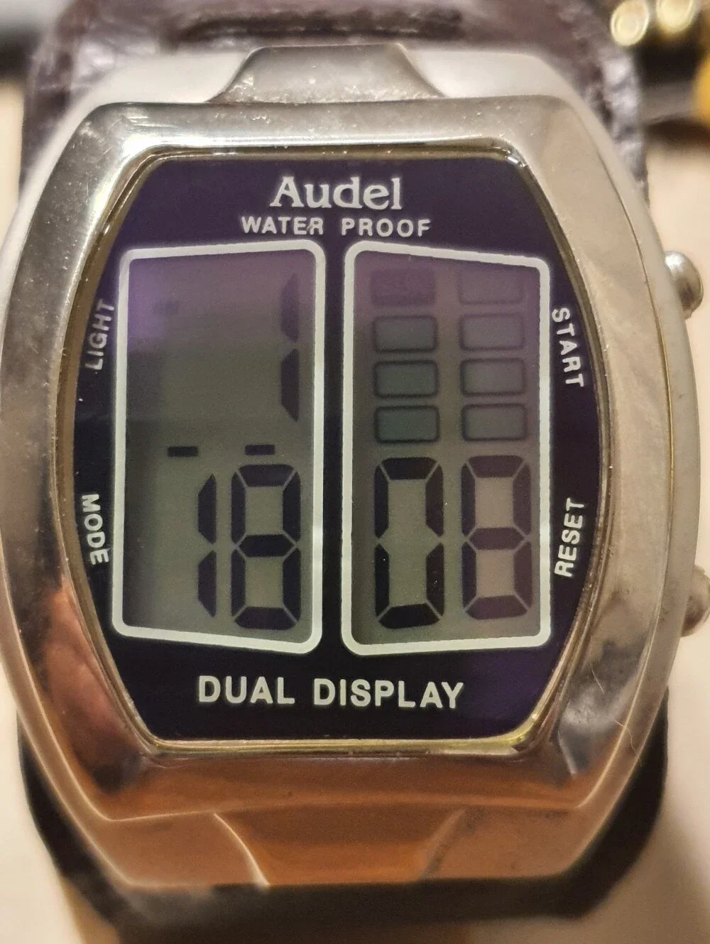 10/$20 Vtg Audel Silver/Black Leather Digital Alarm Chrono Men's Watch